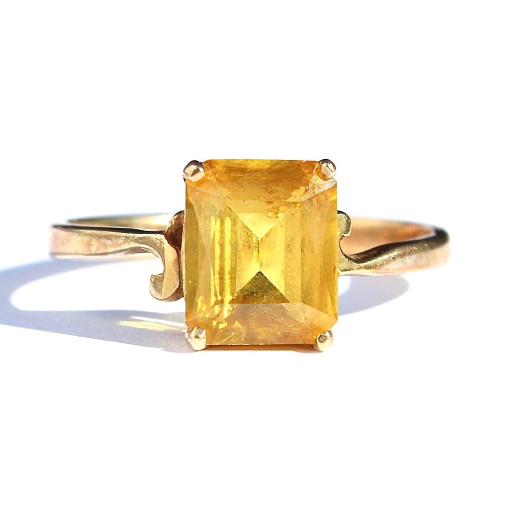 Vintage Yellow Topaz 10K Gold Ring Emerald Cut Gemstone Size 6.75